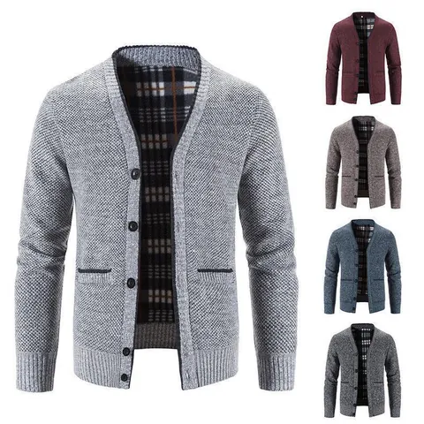 Men's V-Neck Knitted Cardigan Sweater Thickened Winter Jacket With Checkered Lining Casual Polyester Button Up Outerwear