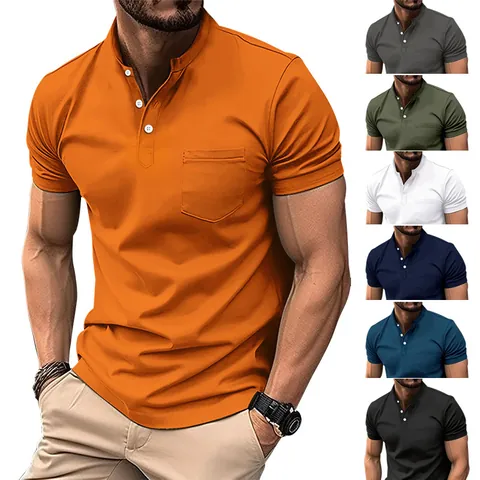 Polo da Uomo Casual in Poliestere a Maniche Corte Scollo a V con Bottoni Tinta Unita Top con Tasca Stile Britannico