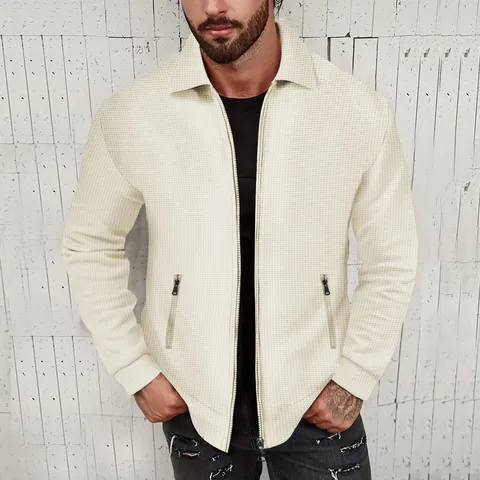 Men's Autumn Waffle Knit Zipper Jacket Slim Fit Lapel Cardigan Casual Outerwear Cotton Polyester Blend Solid Color Top