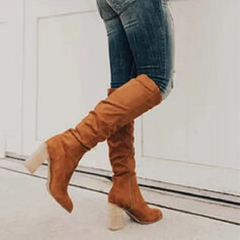 Women Suede Over-the-Knee Boots Chunky High Heel Side Zip Fashion Autumn Winter Solid Color Slimming Long Boots