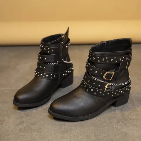 Women Ankle Boots Punk Rivet Studded Buckle Straps Metal Chain Block Heel Martin Boots Artificial Leather Autumn Winter Shoe