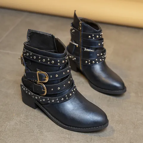 Women Ankle Boots Punk Rivet Studded Buckle Straps Metal Chain Block Heel Martin Boots Artificial Leather Autumn Winter Shoe