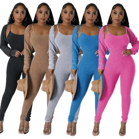 Women Sexy Ribbed Bodycon Jumpsuit Set U-Neck Bodysuit With Long Sleeve Bolero Shrug Slim Fit Streetwear Top And Bottom