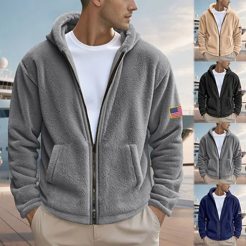 American Style Men Zip Up Hoodie Double Sided Fleece Loose Fashion Top With American Flag Patch Casual Winter Outerwear