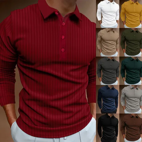 Men Polyester Ribbed Polo Shirt Long Sleeve Slim Fit Stretchy Vertical Striped Top Workout Athletic Casual Pullover