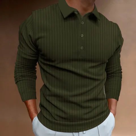 Men Polyester Ribbed Polo Shirt Long Sleeve Slim Fit Stretchy Vertical Striped Top Workout Athletic Casual Pullover