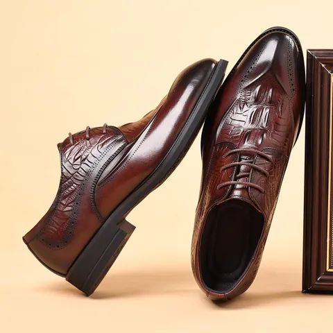 Zapatos de Vestir Brogue de Cuero de Vaca de Primera Capa para Hombre Estilo Británico Patrón de Cocodrilo Zapatos de Cuero