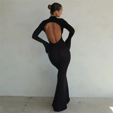 Women Sexy Backless Bodycon Maxi Dress Round Neck Long Sleeve Solid Color Slim Fit Evening Party Night Clubwear Long Gown
