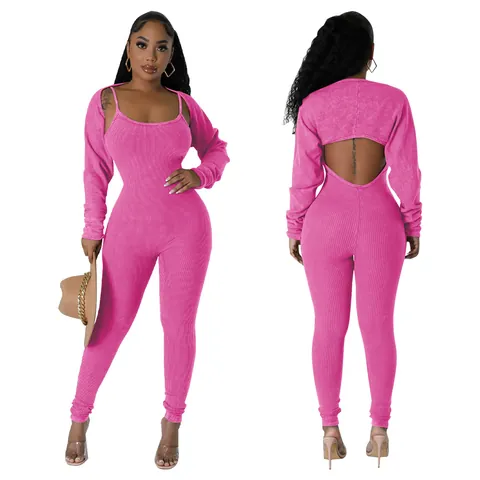 Women Sexy Ribbed Bodycon Jumpsuit Set U-Neck Bodysuit With Long Sleeve Bolero Shrug Slim Fit Streetwear Top And Bottom