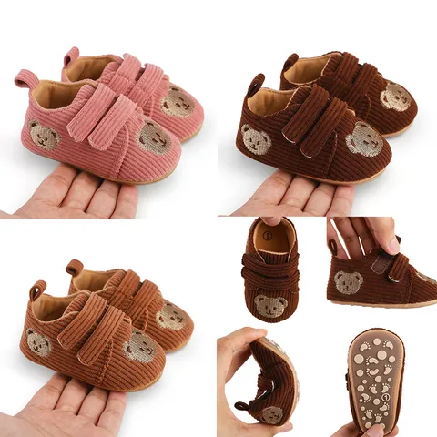 Soft Sole Baby First Walkers Corduroy Bear Embroidery Anti Slip Infant Shoes Newborn Toddler Prewalkers Boys Girls Casual Breathable Shoes