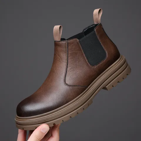 Men Chelsea Boots Recycled Leather British High Top Martin Boots Thick Sole Fleece Lined Warm Non-Slip Casual Shoes