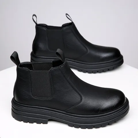 Men Chelsea Boots Recycled Leather British High Top Martin Boots Thick Sole Fleece Lined Warm Non-Slip Casual Shoes