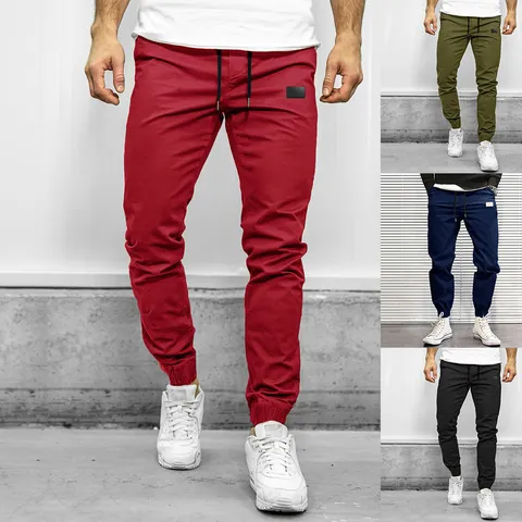 Men Cargo Bottom Solid Color Polyester Casual Joggers With Drawstrings Multi Pocket Fashion Streetwear Style For Autumn Daily Wear