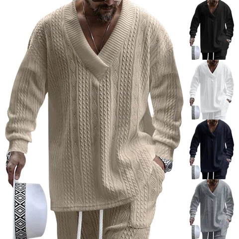 Men's Casual V-Neck Knit Sweater Cotton Blend Cable Knit Jacquard Loose Long Sleeve Pullover Autumn Winter Fashion Top