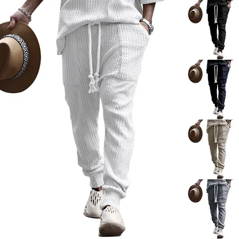 Men Jacquard Knit Jogger Pants Cotton Slim Fit Drawstring Waist Sporty Casual Sweatpants Ribbed Cuffs Textured Bottoms For Men Spring Autumn