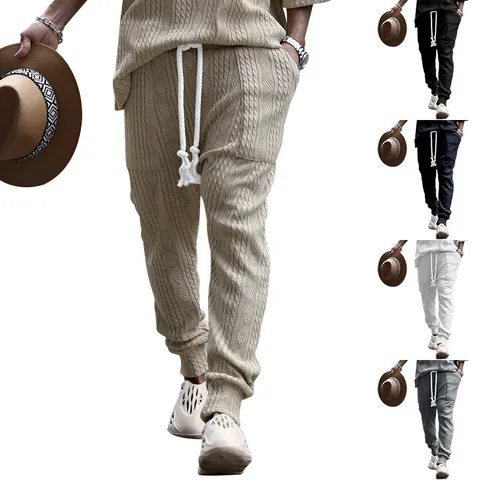 Men Jacquard Knit Jogger Pants Cotton Slim Fit Drawstring Waist Sporty Casual Sweatpants Ribbed Cuffs Textured Bottoms For Men Spring Autumn