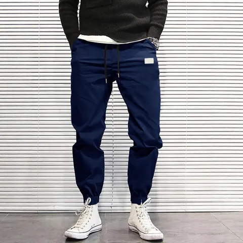 Men Cargo Bottom Solid Color Polyester Casual Joggers With Drawstrings Multi Pocket Fashion Streetwear Style For Autumn Daily Wear