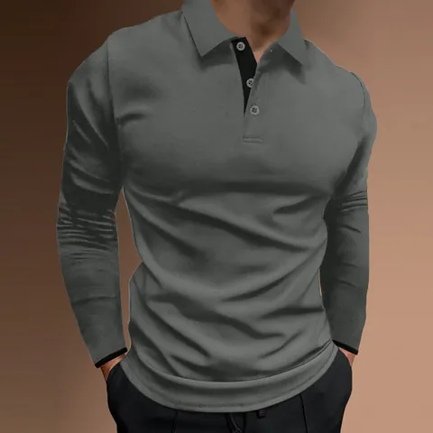 Men's Long Sleeve Polo Shirt Vertical Striped Textured Stand Collar Elastic Slim Fit Casual Sports Polyester Top