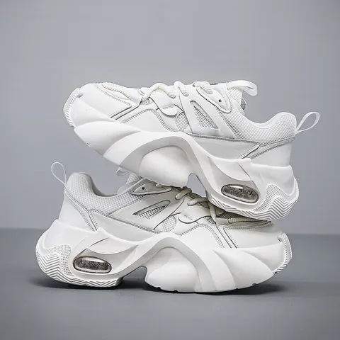 Men Cowhide Leather Chunky Sneakers Height Increasing Air Cushion Platform Shoes Breathable Athletic Casual Sport Sneakers For Men