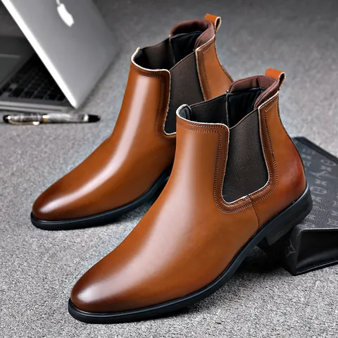 Herren Chelsea-Stiefel Spitze Echtes Leder Stiefel Britischer Business-Stil Slipper Wadenhohe Stiefel Übergröße Herrenschuhe
