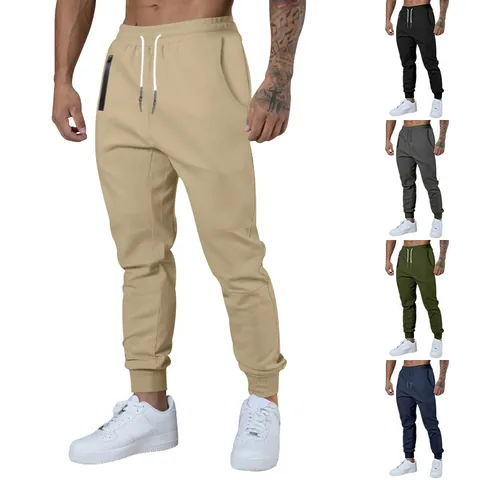 Men's Casual Joggers Cotton Polyester Blend Drawstring Waist Zipper Pockets Ribbed Cuffs Breathable Sports Sweatpants Bottom