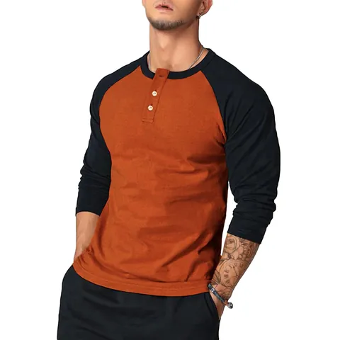Men's Slim Fit Raglan Long Sleeve T-Shirt Henley Neck Contrast Color Blocking Casual Top Polyester Bottoming Shirt