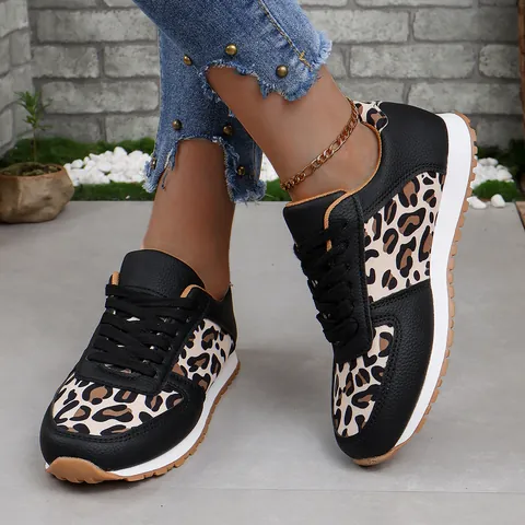 Damen Leopard Muster Casual Sneaker Low Top Schnürschuhe Flache Sportschuhe Frühling Herbst Fashion Patchwork Daily Walking Schuhe