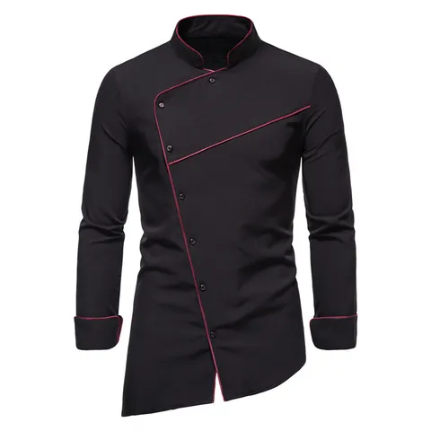 Men Business Casual Long Sleeve Shirt Stand Collar Asymmetric Slant Placket Contrast Piping Tuxedo Inner Shirt