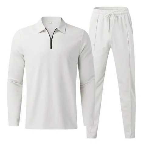 Men Casual Athletic Tracksuit Waffle Knit Pullover Hoodie Top And Bottom Set Long Sleeve Polo Shirt Sports Sweatpants