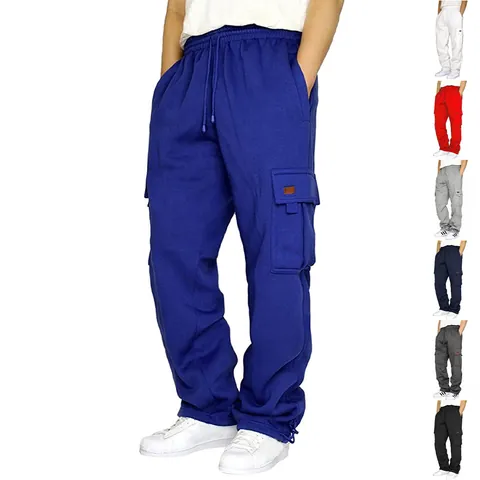 Men Polyester Multi-Pocket Cargo Pants Jogger Sweatpants Casual Retro High Street Drawstring Jogger Sweatpants Solid Color Trousers