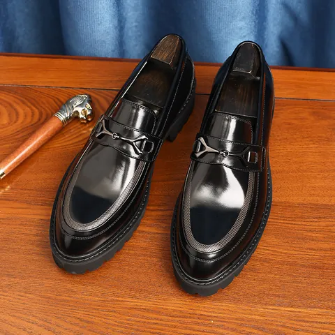 Men's Top Layer Cowhide Loafers Thick Sole Slip-on Business Casual Shoes British Style Patent Leather Horsebit Dress Shoes