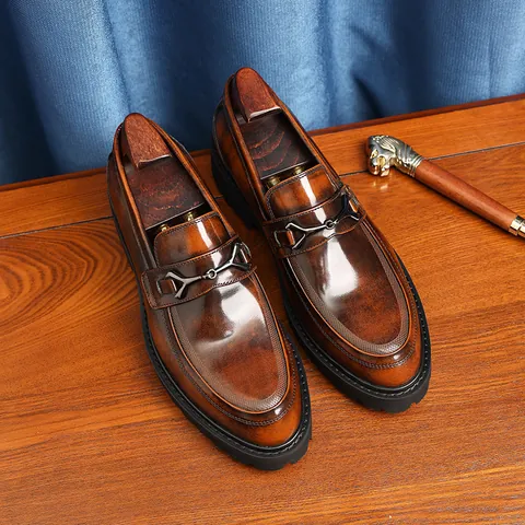 Men's Top Layer Cowhide Loafers Thick Sole Slip-on Business Casual Shoes British Style Patent Leather Horsebit Dress Shoes