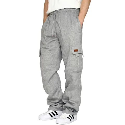 Men Polyester Multi-Pocket Cargo Pants Jogger Sweatpants Casual Retro High Street Drawstring Jogger Sweatpants Solid Color Trousers