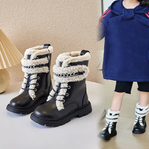 Kids Martin Boots Autumn Winter Faux Lamb Wool Lining Warm Mid Calf Boots For Girls Fashion Soft Sole Boots Black Beige