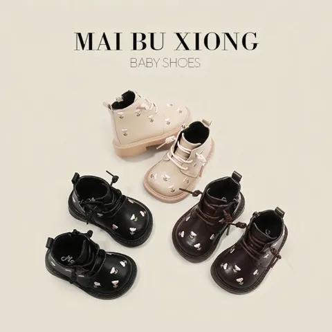 Baby Girl Martin Boots Flower Embroidery Synthetic Leather Toddler Shoes Side Zipper Fall Winter Casual First Walker Boots