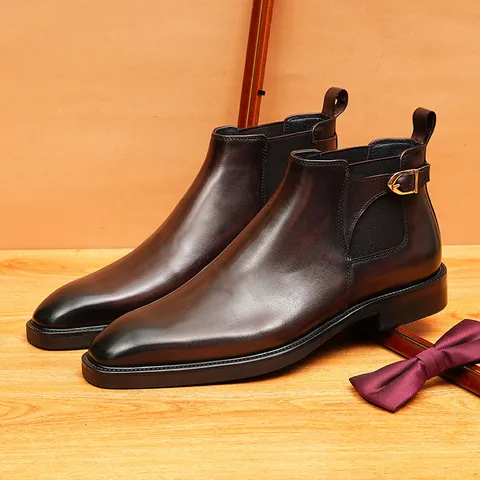 Men Business Top Grain Leather Pointed Toe Chelsea Boots Winter Retro Brushed British Style Martin Boots With Metal Buckle
