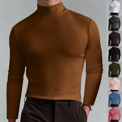 Maglietta da Uomo a Manica Lunga con Collo Alto Slim Fit Tinta Unita in Seta di Latte Morbido Strato di Base per Primavera Autunno