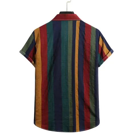 Camisa Casual de Algodón para Hombre Rayas Verticales de Colores Manga Corta Ajuste Entallado Cuello Solapa Moda Verano Top con Botones