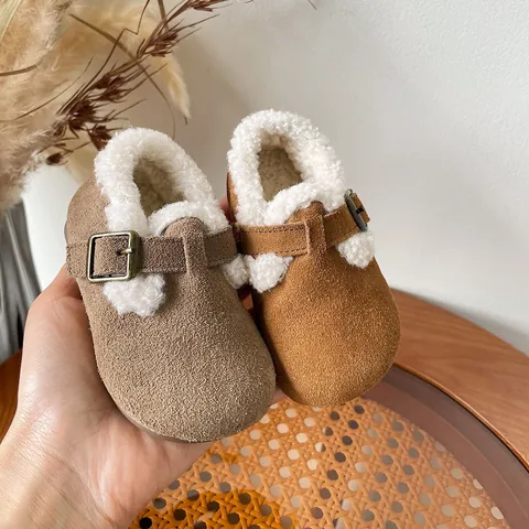 Kids Birkenstock Style Winter Warm Fleece Lined Shoes For Boys Girls Cow Suede Faux Lamb Wool Toddler Loafers