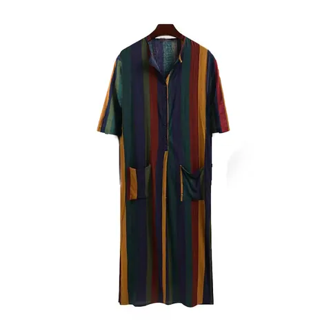 Men Casual Striped Robe Stand Collar Short Sleeve Cotton Caftan Thobe Ethnic Summer Loose Long Shirt For Men