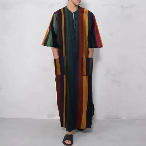 Men Casual Striped Robe Stand Collar Short Sleeve Cotton Caftan Thobe Ethnic Summer Loose Long Shirt For Men