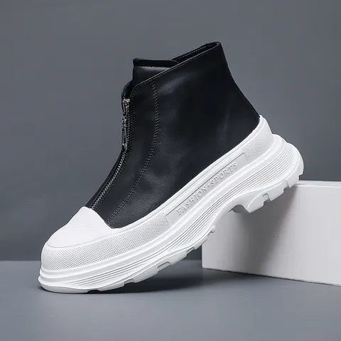 Designer Trendy Men Platform Martin Boots Front Zipper Thick Sole Casual Microfiber Leather Boots Height Increasing Men Shoes