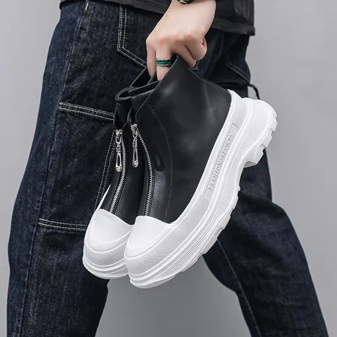 Designer Trendy Men Platform Martin Boots Front Zipper Thick Sole Casual Microfiber Leather Boots Height Increasing Men Shoes