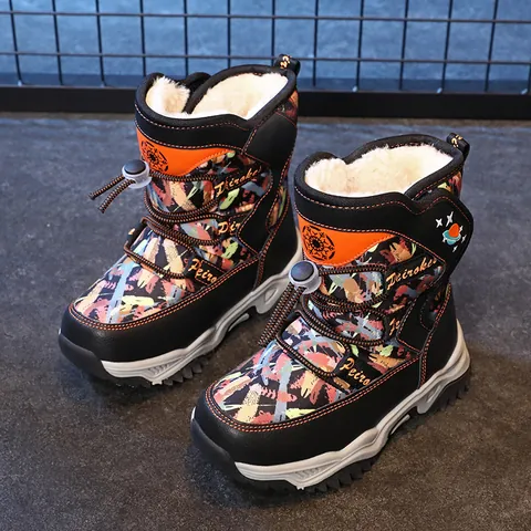 Kinder Jungen High Top Schneestiefel Winter Warm Kunstpelz Gefüttert Outdoor Rutschfest Wasserdicht PU Leder Stiefeletten Graffiti Muster