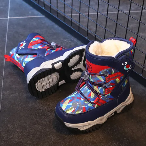 Kinder Jungen High Top Schneestiefel Winter Warm Kunstpelz Gefüttert Outdoor Rutschfest Wasserdicht PU Leder Stiefeletten Graffiti Muster