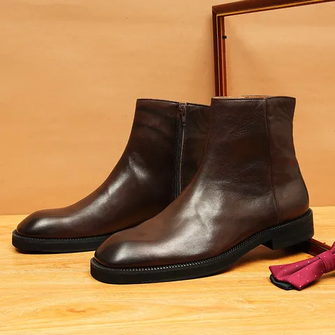 Stivali Martin da Uomo in Vera Pelle Retro Punta Quadrata Cerniera Laterale Stivali Chelsea Stivali Invernali in Pelle Bovina