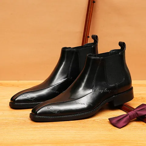 Men British Style Genuine Leather Chelsea Boots Pointed Toe Hand Rubbed Vintage Business Formal High Top Dress Boots For Men