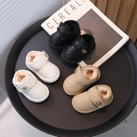 Toddler Kids Artificial Leather Quilted Snow Boots Warm Faux Fur Lining Soft Sole Winter Walking Ankle Boots For Boys Girls