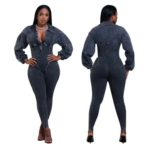 Mono de Mujer Sexy Acanalado de Manga Larga Cintura Alta Ajustado Cremallera Bodycon de Una Pieza Pantalón Largo Otoño Streetwear