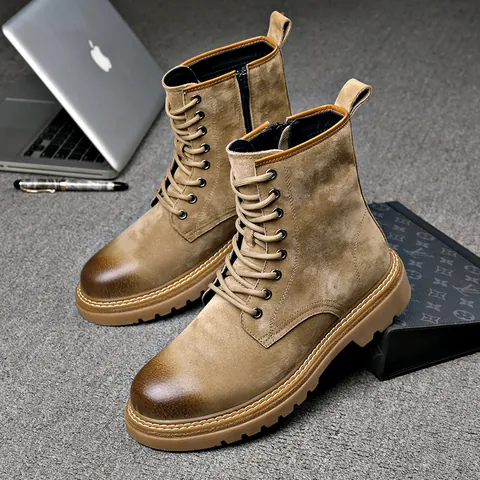 Herren Lässige Schweinsleder Martin Boots Hochgeschnittene Arbeitsschuhe Seitenreißverschluss Schnürung Rutschfeste Gummisohle Gelb Schwarz Outdoor Mode
